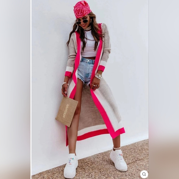 "CERSEI" ITALIAN DESIGNER CARDIGAN LONGLINE COLOR BLOCK IN HOT PINK - US 10-12 - Picture 3 of 11